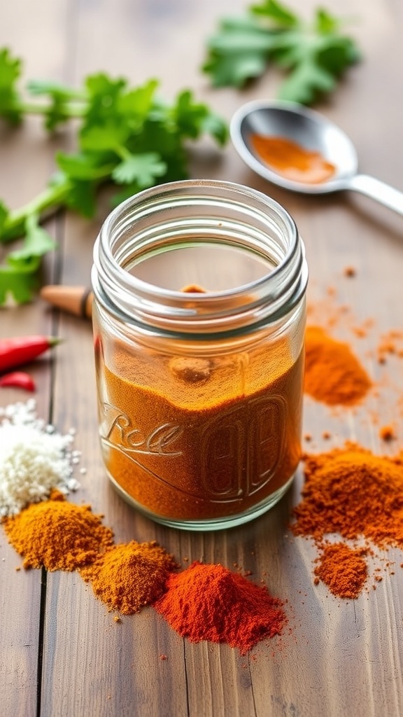 Homemade taco seasoning in a glass jar with spices on a wooden table.